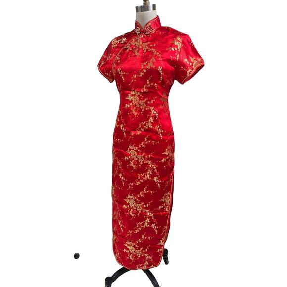 90s Vtg Cheongsam Dress Yue He Shi Lu Red/Gold Brocade Dress WIggle Gown Sz S - Picture 1 of 6